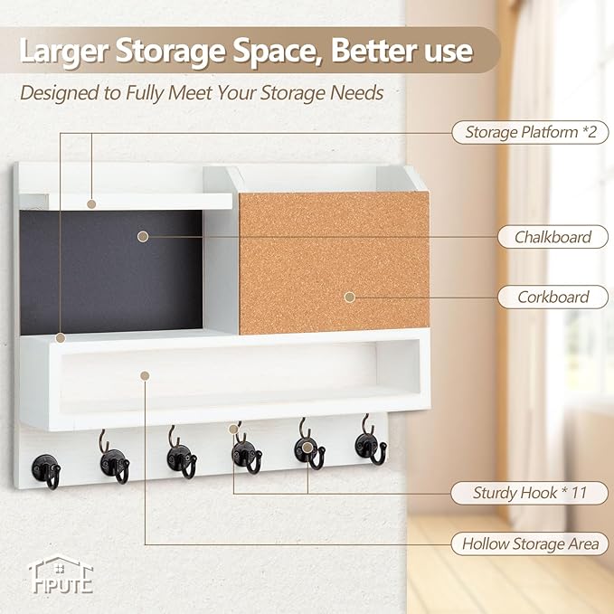 Key Holder for Wall Mount with Mail Organizer, Farmhouse Key Holder for Wall with Shelf, Chalkboard&Corkboard, Entryway Organizer 11 Metal Hooks, Decorative Natural Pine Wood, 14.6*11.1*3.3”, B-White