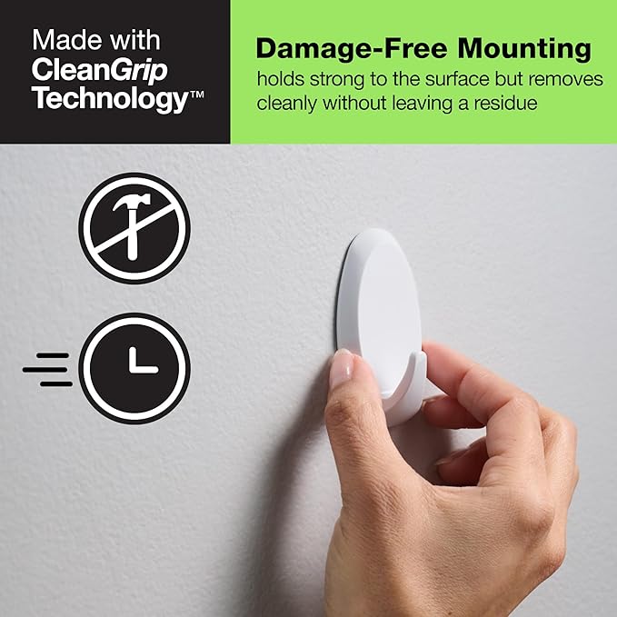 FrogTape reMOVEables Heavy Duty Wall Hooks - No Damage - Easy to Remove & Reuse - Medium Wall Hook with Adhesive Strips - Holds up to 3 lbs - Includes 8 Hooks and 12 Strips - White (Pack of 8)