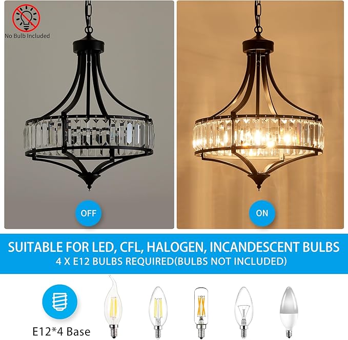 XINGQI Crystal Chandeliers for Dining Room,Modern Black Chandelier,Metal Round Shade Farmhouse 4-Light Rustic Pendant Lighting Fixtures for Hallway Bedroom Foyer