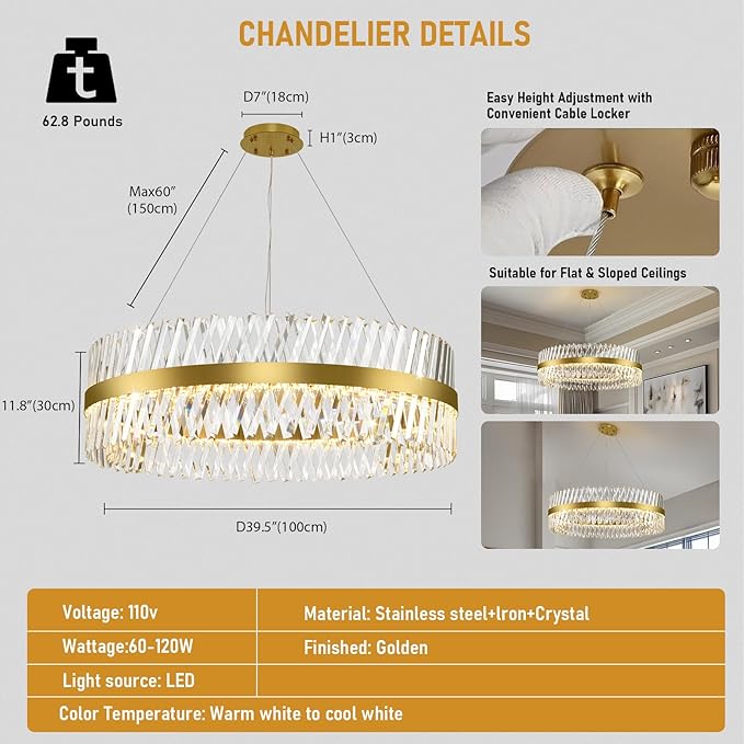 Modern Crystal Chandeliers for Living Room, 40 Inch Large Gold Crystal Chandeliers for Dining Room, Luxury LED Round Foyer Chandelier for High Ceiling Entryway Brass Chandelier Pendant Ceiling Light