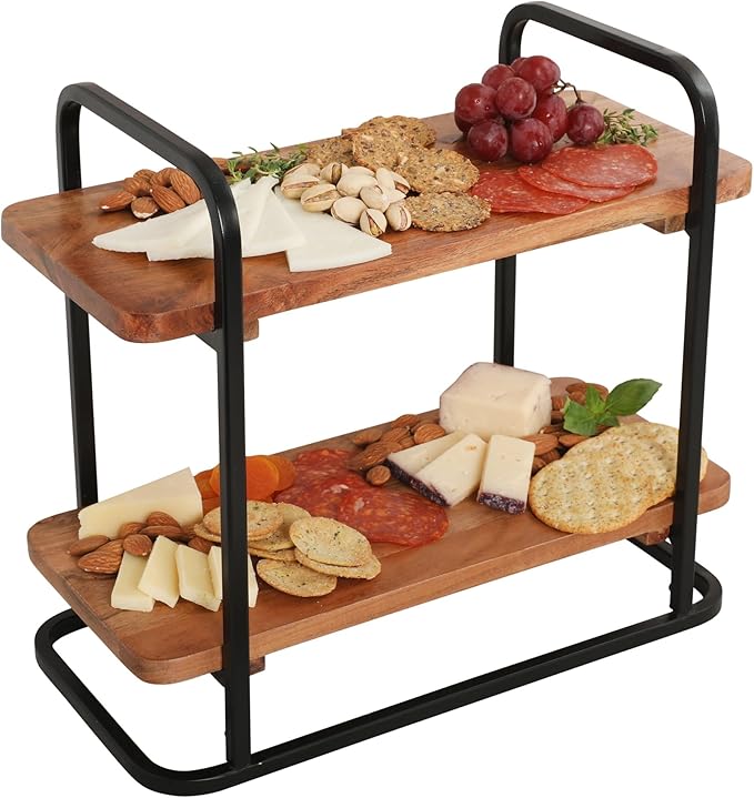 Gibson Home Gracious Dining 2-Tier Wooden Serving Tray with Metal Frame – Acacia Wood Rectangle Charcuterie Board, Cheese Platter, Dessert Display Stand for Buffet, Kitchen, Dining, or Events