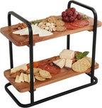 Gibson Home Gracious Dining 2-Tier Wooden Serving Tray with Metal Frame – Acacia Wood Rectangle Charcuterie Board, Cheese Platter, Dessert Display Stand for Buffet, Kitchen, Dining, or Events