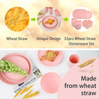 Supernal Pink Wheat Straw Dinnerware Sets,Unbreakable Dishes for 8, Plate and Bowls Sets, Reusable Plates, Microwave Dishwasher Safe Plates,Plastic Dinnerware Set, Pink Plastic Tableware