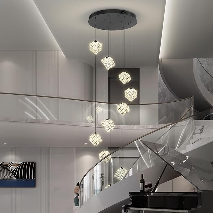 10-Lights LED Staircase Chandelier Modern Foyer Chandeliers Large Chandelier for High Ceilings,Crystal Pendant Light for Living Room Stairwell Dining Room Entryway