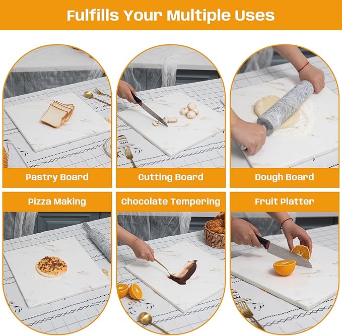 White Marble Cutting Board For Kitchen, 16x16 Inch Large Marble Slab Pastry Board With Non-Slip Feet For Baking, Cheese, Charcuterie, Chocolate, Pack Of 1 Piece