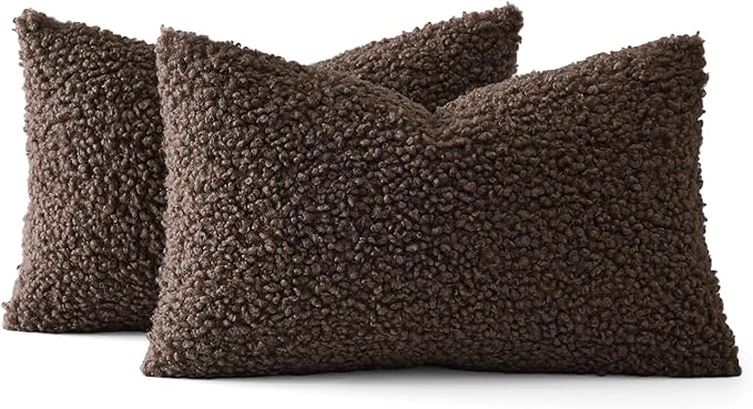 MIULEE Pack of 2 Throw Pillow Covers 12x20 Inch Neutral Chocolate Faux Fur Decorative Sherpa Pillow Covers Fuzzy Accent Soft Sheepskin Fleece Cushion Cases for Boho Home Decor Couch Living Room Bed