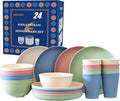 24pcs Wheat Straw Dinnerware Sets For 8, Unbreakable Plates and Bowls Wheat Straw Dinnerware Microwavable Cups Plates and Bowls Sets Shatterproof For Outdoor Kitchen Camping