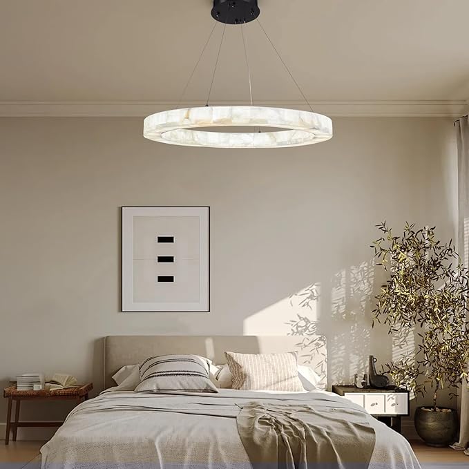Alabaster Chandelier Spanish Natural Marble Round D30in Chandeliers, Modern Living Room Chandelier, Alabaster Pendant Light Fixture, Dimmable Chandeliers for Bedroom, Entryway, Foyer, Hallway