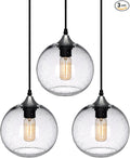 ARIAMOTION Pendant Lights Kitchen Island 3 Pack Hand Blown Glass Modern Farmhouse Lighting Clear Seeded Bubbles Dining Room Table Coffee Bar Counter Brushed Nickel Globe Shape 7.5 Inch Diam