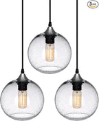 ARIAMOTION Pendant Lights Kitchen Island 3 Pack Hand Blown Glass Modern Farmhouse Lighting Clear Seeded Bubbles Dining Room Table Coffee Bar Counter Brushed Nickel Globe Shape 7.5 Inch Diam