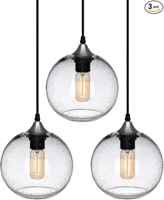 ARIAMOTION Pendant Lights Kitchen Island 3 Pack Hand Blown Glass Modern Farmhouse Lighting Clear Seeded Bubbles Dining Room Table Coffee Bar Counter Brushed Nickel Globe Shape 7.5 Inch Diam