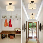 Black Semi Flush Mount Ceiling Light Fixture 12.2'' Drum Light Fixture with White Fabric Shade Lamps 3-Light Modern Ceiling Lights for Bedroom Living Room Dining Room Entryway