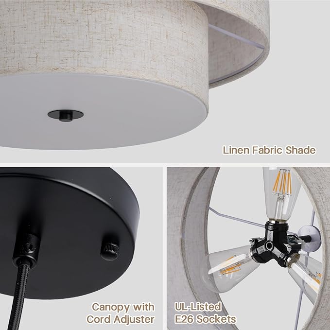 18" Modern Double Drum Fabric Pendant Light, Large Hanging Ceiling Chandelier Fixture with Dual Layer Fabric Shade, Ideal for Dining Room, Living Room, Bedroom, and Kitchen