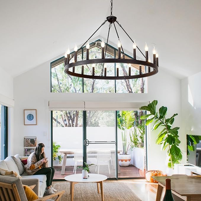 Black Wagon Wheel Chandelier 40 inch,20-Light Farmhouse Wagon Wheel Chandeliers Round Industrial Ceiling Light fixtures for Outdoor Porch high Ceilings Living Dining Room Foyer Entryway
