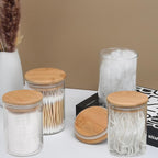 4 Pack Glass Qtip Holder Dispenser Set - Apothecary Jars with Lids for Vanity Makeup Organizer - Bathroom Canister Storage Organizer for Cotton Ball, Swab, Round Pads,Floss