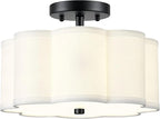 Semi Flush Mount Ceiling Lights, 3-Light 13" Ceiling Light Fixtures with Fabric Shade in Flower Shape, Matte Black Drum Lighting for Nursery Hallway Bedroom Kitchen, AD-22007-3SF-BK
