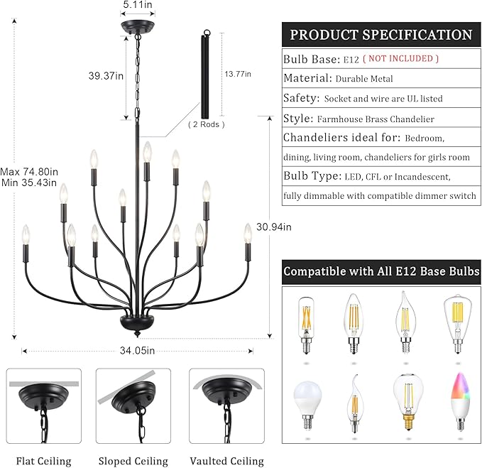 12-Lights Black Farmhouse Chandelier for Dining Room, 34 Inch Large Chandeliers for High Ceilings Foyer Modern Pendant Light Fixture for Living Room Entryway Hallway Kitchen Island E12
