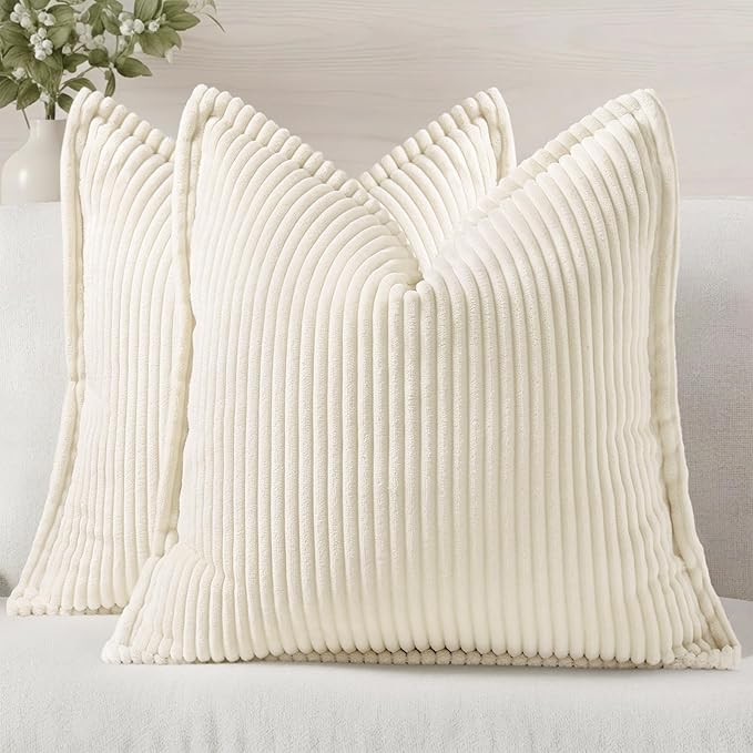 decorUhome Christmas Corduroy Cream White Throw Pillow Covers 20x20 Set of 2 Decorative Soft Boho Farmhouse Euro Couch Pillow Covers for Living Room Bed Sofa Broadside Striped Pillow Cases