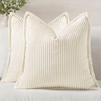 decorUhome Christmas Corduroy Cream White Throw Pillow Covers 22x22 Set of 2 Decorative Soft Boho Farmhouse Euro Couch Pillow Covers for Living Room Bed Sofa Broadside Striped Pillow Cases