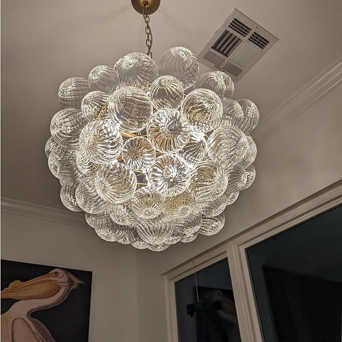 Bubble Glass Chandelier Pendant Lights Fixture Dia 24 inch Cluster Swirled Clear Blown Glass Ribbed Globe Decorative Lighting Fixture for Living Room Bedroom Dining Room Island