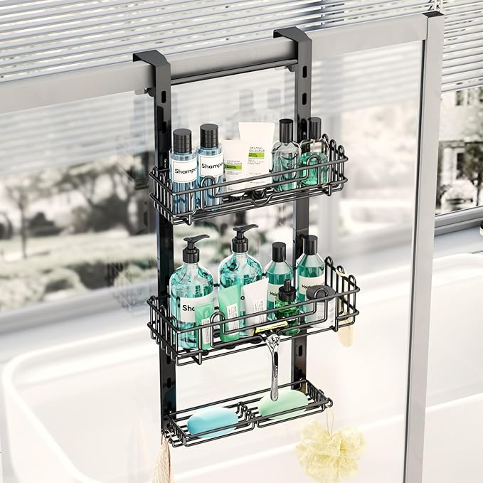 HapiRm 3 Tier Over the Door Shower Caddy, Hanging Shower Caddy with 16 Hooks and 2 Soap Holders, No Drilling Adjustable Hanging Bathroom Organizer - Black