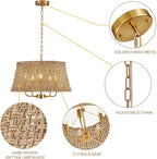 Hand-Woven Rattan Chandelier Vintage Farmhouse Boho Bamboo Chandeliers Light Fixture Retro Drum Wicker Rattan Gold Chandelier for Dining Room, Kitchen, Living Room