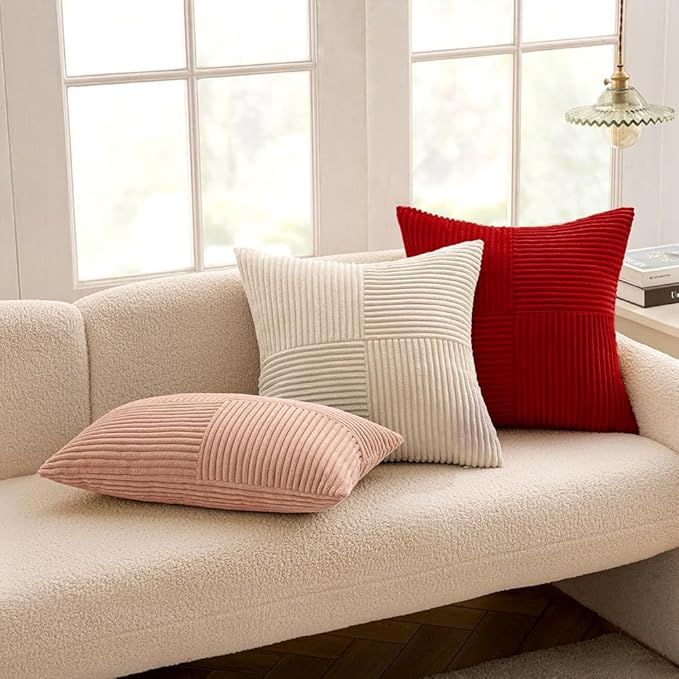 MIULEE Christmas Red Corduroy Pillow Covers Pack of 2 Boho Decorative Spliced Throw Pillow Covers Soft Solid Couch Pillowcases Cross Patchwork Cushion Covers for Living Room Bed Sofa 18x18 inch
