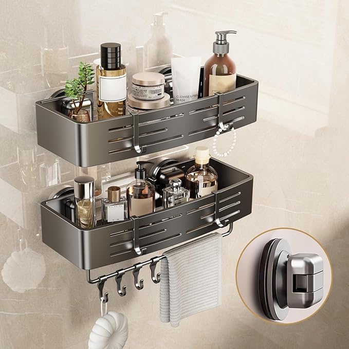 VOLPONE Shower Caddy Suction Cup No Drilling Suction Cup Shower Shelf Heavy Duty Bathroom Shower Organizer Storage Rack Adhesive with Towel Bar Hooks (2-Pack, Matte Gray)