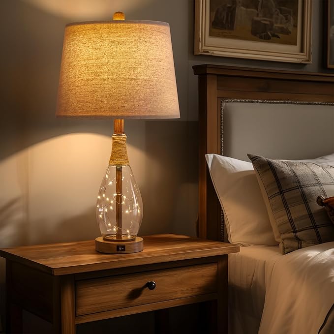 OYEARS Table Lamp Sets of 2,Lamps for Living Room,Bedside Lamps with USB A+C and Nightlight,Retro Farmhouse Rattan Glass,for Bedroom Living Room Bedroom,Two Light Points,23"