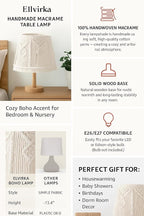 Boho Macrame Table Lamp – Handmade Bedside Light with Wooden Base, White Ivory Boho Decor for Bedroom, Living Room, Nursery – E26/E27 Compatible Nightstand Lamp – by Elvirka