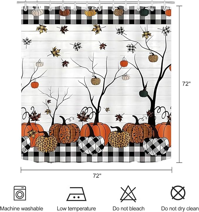 Fall Plaid Pumpkin Shower Curtain Farmhouse Buffalo Plaid Autumn Maple Leaves Thanksgiving Bathroom Curtains Waterproof Polyester Fabric Bath Curtain 72 x 72 Inch with 12 Hooks