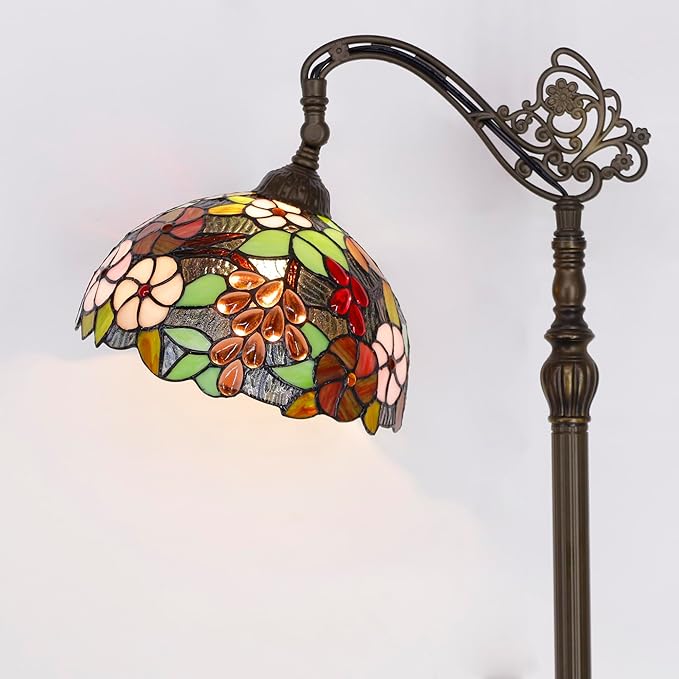 Tiffany Floor Lamp Stained Glass Purple Grape Style Arched Reading Light Gooseneck Adjustable Corner Standing Lamp 12X16X66 Inch for Bedroom Living Room Home Office