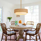 Large Coastal Boho Pendant Lights, 18.9in Woven Rattan Lighting Fixture, 2-Tier Rope Chandelier with Fabric Shade for Kitchen Island, Living Room, Dining Room, Bedroom, Restaurant