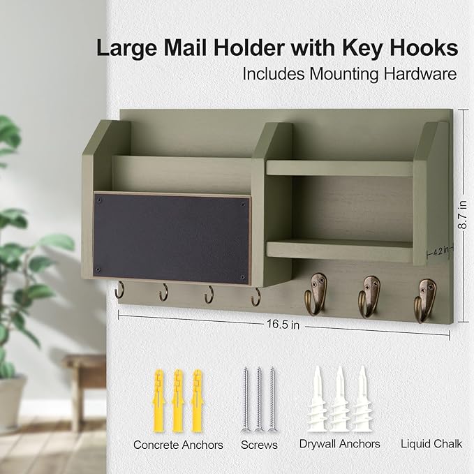 Mail and Key Holder – Wall Mount Key Hanger with Shelf and 7 Metal Hooks – Decorative Natural Paulownia Wood Entryway Organizer with Mounting Hardware (16.5”W x 8.7”H x 3.5”D) (Sage-Green)