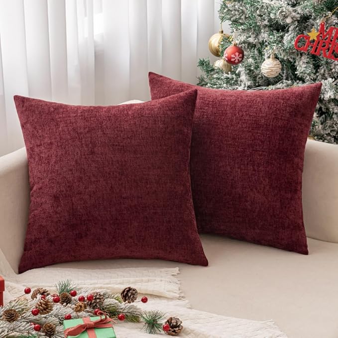 MIULEE Pack of 2 Christmas Wine Red Couch Throw Pillow Covers 20x20 Inch Soft Chenille Pillow Covers for Sofa Living Room Solid Dyed Pillow Cases