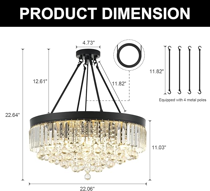 Black 9-Light Crystal Chandelier 22'' Modern Semi Flush Ceiling Crystal Hanging Light Fixture Sparkling Decoration for Entryway Bedroom Living Dining Room Kitchen Island Hallway Foyer