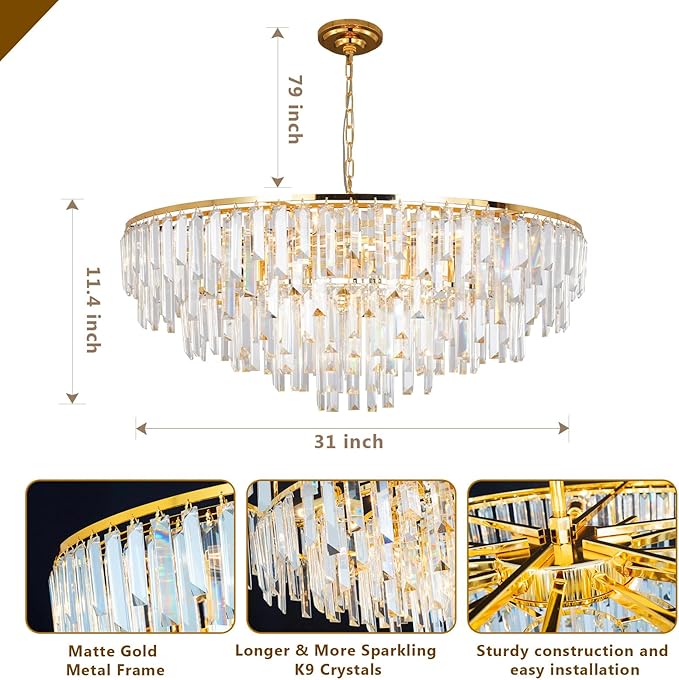 Gold Modern Round Top K9 Crystal Chandelier Lighting Fixture, 13 Lights Round K9 Crystal Adjustable Hanging Lamp for Dining Room Bedroom Living Room,Hallway,Bar,Kitchen W31''