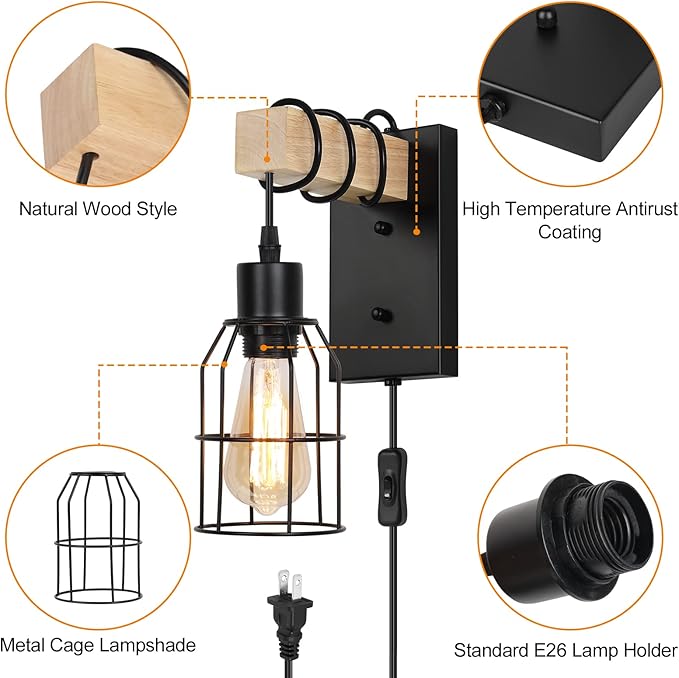 Wall Sconces Set of 2, Wall Lamp with Plug in Cord with Metal Cage Lampshade, Wall Lights with Solid Wood for Bedroom Living Room Garage Porch