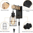 Wall Sconces Set of 2, Wall Lamp with Plug in Cord with Metal Cage Lampshade, Wall Lights with Solid Wood for Bedroom Living Room Garage Porch