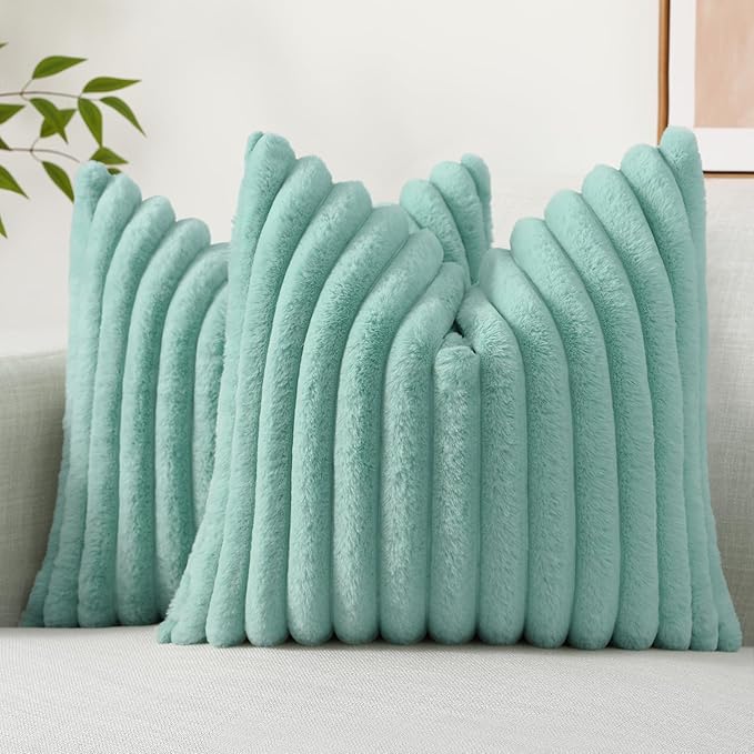 decorUhome Faux Fur Throw Pillow Covers 18x18 Set of 2, Decorative Soft Plush Striped Neutral Couch Euro Pillow Covers with Velvet Back for Sofa, Bed, Living Room Home Decor, Aqua