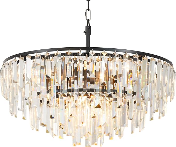 Black Modern Round Top K9 Crystal Chandelier Lighting Fixture, 8 Lights Round K9 Crystal Adjustable Hanging Lamp for Dining Room Bedroom Living Room,Hallway,Bar,Kitchen W24'