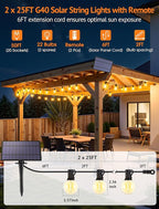 50FT(2x25FT) Solar String Lights Outdoor with Remote, Waterproof Dimmable 3 Modes Patio Lights with 20+2 LED G40 Bulbs for Cafe Bistro-Black