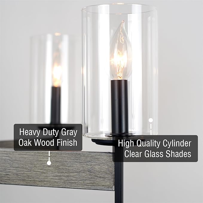 Kira Home Winston 26" 5-Light Modern Farmhouse Dining Room Chandelier + Clear Cylinder Glass Shades, Gray Oak Wood Style + Black Finish