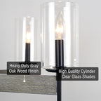 Kira Home Winston 26" 5-Light Modern Farmhouse Dining Room Chandelier + Clear Cylinder Glass Shades, Gray Oak Wood Style + Black Finish