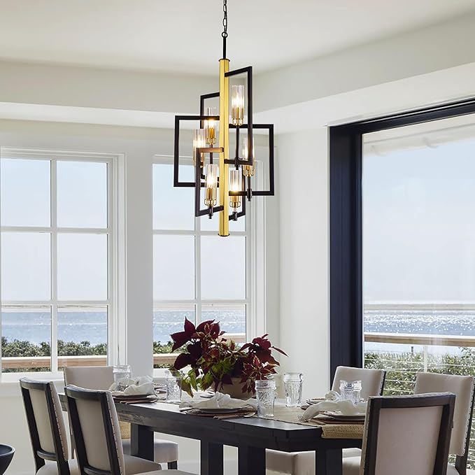 Wellmet Black Gold Chandelier Light，6-Light Brass Geometric Chandeliers for Dining Room, Modern Pendant Lighting Fixture Hanging for Foyer Kitchen Island Entryway, Metal Frame with Glass Shade