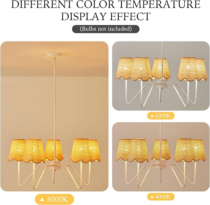 28" Rattan Chandelier, Large Modern Pendant Light Fixtures with Flower Shades White Finish for Dining Room, Kitchen Island, Foyer, Living Room 5-Light