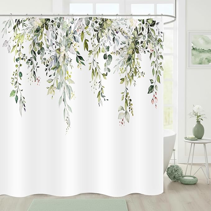 Sage Green Eucalyptus Shower Curtain Watercolor Plant Green Leaves Shower Curtains for Bathroom Waterproof Polyester Fabric Bath Curtain 72 x 72 Inch with 12 Hooks