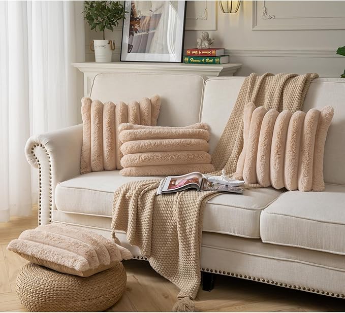 Faux Fur Plush Throw Pillow Covers 16x16 Inch Set of 2 - Luxury Decorative Fuzzy Striped Soft Cozy Pillowcase for Couch, Sofa, Living Room - Camel