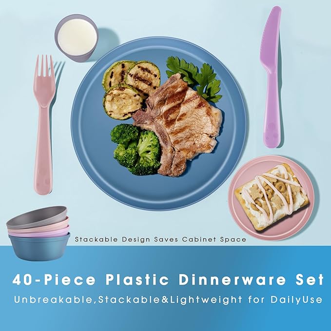 40-Piece Unbreakable Kids Dinnerware Set for Toddlers & Children, BPA-Free & Easy-Clean PP Plates and Bowls, Microwave & Dishwasher Safe, Complete Family Pack (Service for 8)