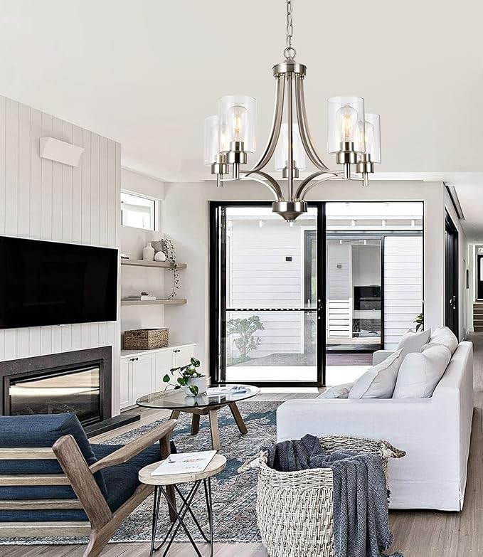 Brushed Nickel Chandelier Dining Room Light Fixture Kitchen Chandeliers Over Table Modern 5-Light Clear Glass Pendant Lighting Adjustable Chain Hanging for Foyer Bedroom Bathroom Hallway